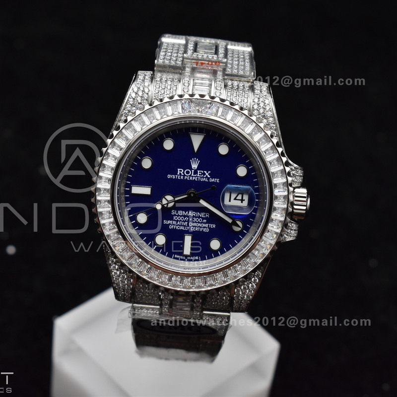 Submariner 40mm Full Diamonds SS AMGF Best Edition Blue Dial On Bracelet On VR3135
